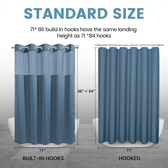 EUTXL Heavyweight Moonlight Blue Long No Hook Shower Curtain with Snap in Liner,256GSM Waffle Weave Shower Curtains for Bathroom,71W x 86H