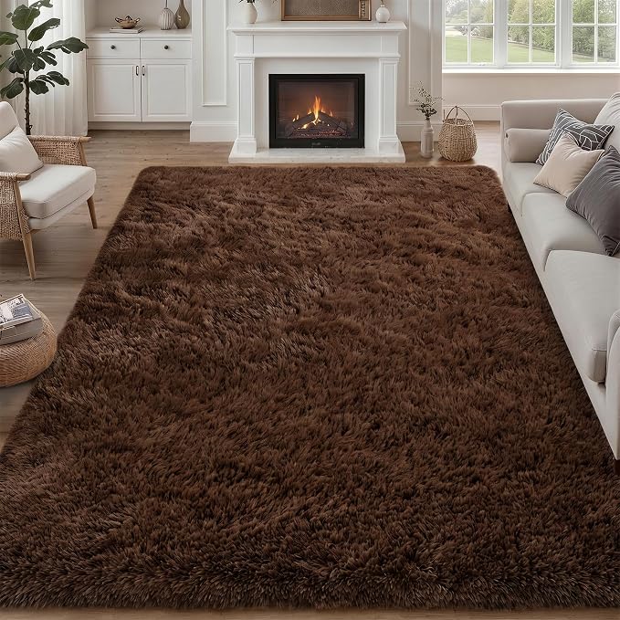 Fluffy Area Rugs 9x12 Living Room Bedroom: Ultra Soft Shag Rug Upgrade Non-Slip Non-Shedding Large Fuzzy Plush Carpet Indoor Floor Carpets for Kids Room Playroom Nursery Dorms Home Decor Brown