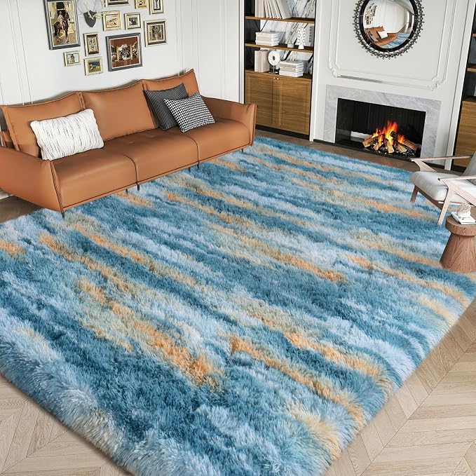 Dssimo Blue and Yellow Rugs for Living Room Bedroom, 6x9 Shaggy Area Rug | Large Plush Furry Upgrade Non-Slip Abstract Rug for Nursery Kids Room Dorm Room Home Decor, Modern Indoor Floor Carpet