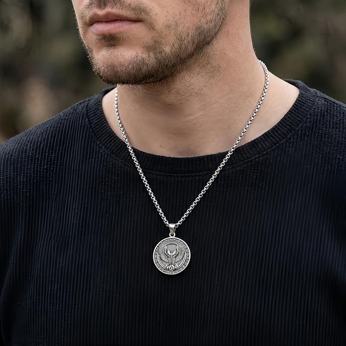 CRMAD Viking Owl/Raven Necklace Vintage Animal Totem Pendant Rune of Lune Jewelry Gift for Men and Women 24 in Chain