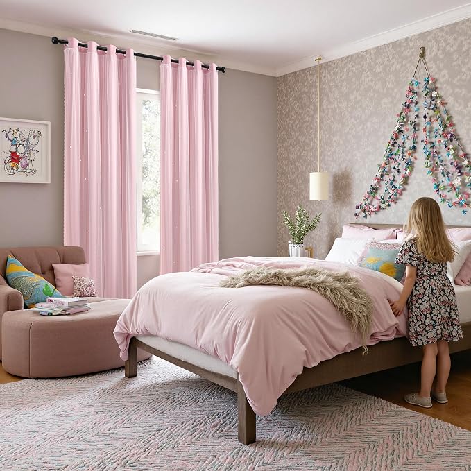 XiDi Blackout Light Pink Curtains Star with Sheer Overlay for Girls Bedroom Living Room 84 Inches Long 2 Panels Nursery Kids Princess Room Darkening Drapes Grommet Window Curtains Baby Pink 52x84