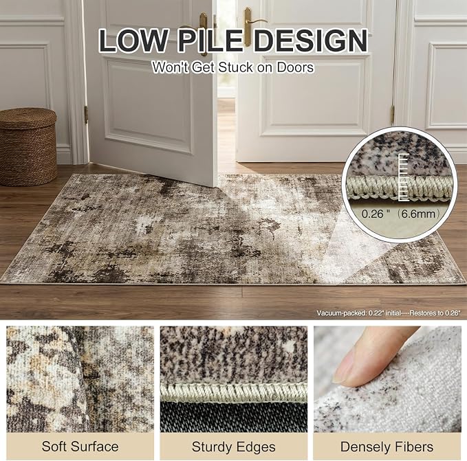 Washable Area Rug for Living Room Modern Abstract Distressed Large Carpet Water Resistant 0.26" Low Pile Floor Mat for Dining Room Bedroom Office, Brown, 8'x10'
