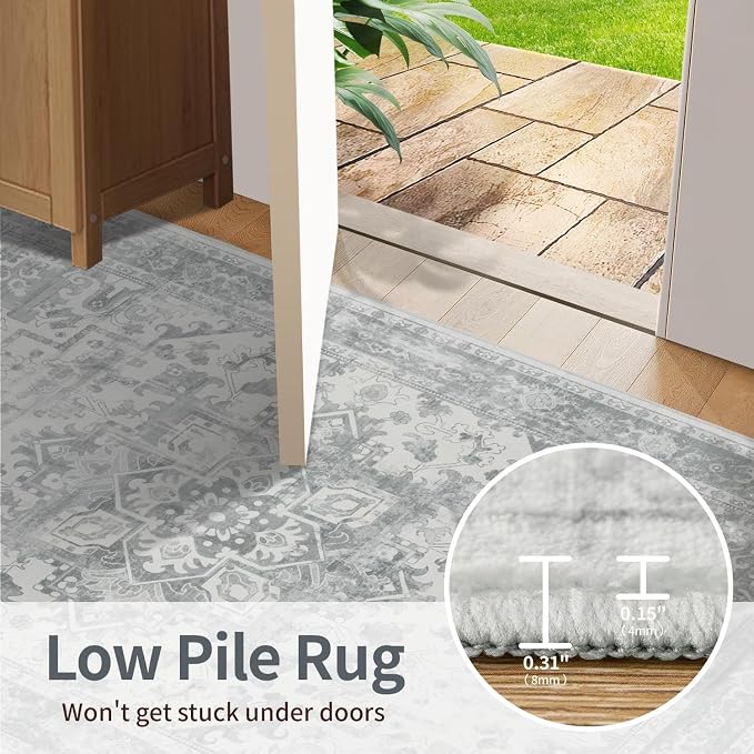 Rugxara 5X7 Washable Area Rug for Living Room, Neutral Vintage Large Boho Rugs for Office, Dining Room, Kids Room, Farmhouse, Durable Low Pile Non Slip Carpet for High Traffic Areas, Light Grey