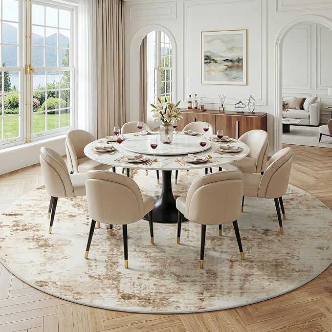 FMFUNCTEX 8ft Round Washable Area Rug Brown Beige Abstract Modern Neutral Large Non Slip Carpet for Living Room Bedroom Soft Low Pile Indoor Contemporary Thin Rug for Dining Kitchen Office Nursery