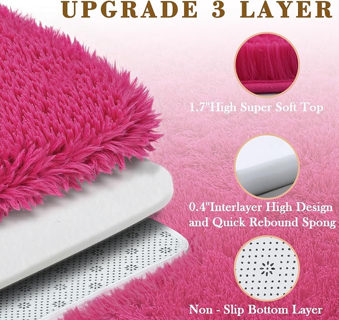 Area Rugs 9x12 Living Room, Large Area Rug Shaggy Carpet Soft Plush Furry Bedside Rug, Machine Washable Area Rugs for Bedroom Home Decor Non-Slip(9 x 12, Hot Pink)