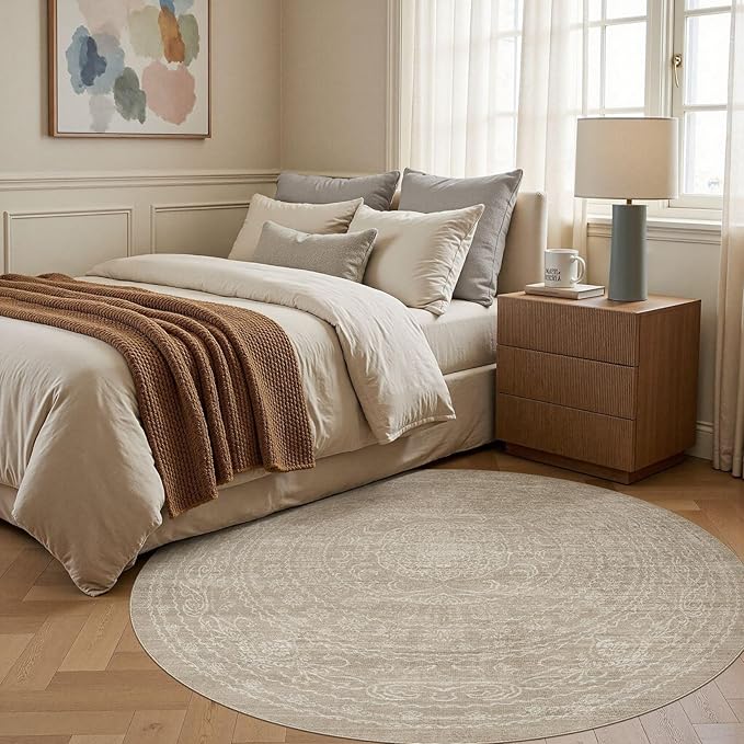 6ft Round Rug Living Room: Washable Large Vintage Rug Neutral Non-Slip Soft Stain Resistant Indoor Carpet for Bedroom Nursery Dining Room Under Table Bed Home House Office Playroom - Brown