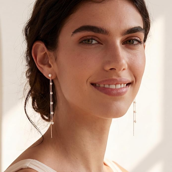 SLUYNZ Solid 925 Sterling Silver Simulated Shell Pearl Dangle Earrings Chain for Women Teens Elegant Long Dangle Earrings Tassel Wedding Bridal Earrings Prom Party Engagement Jewelry