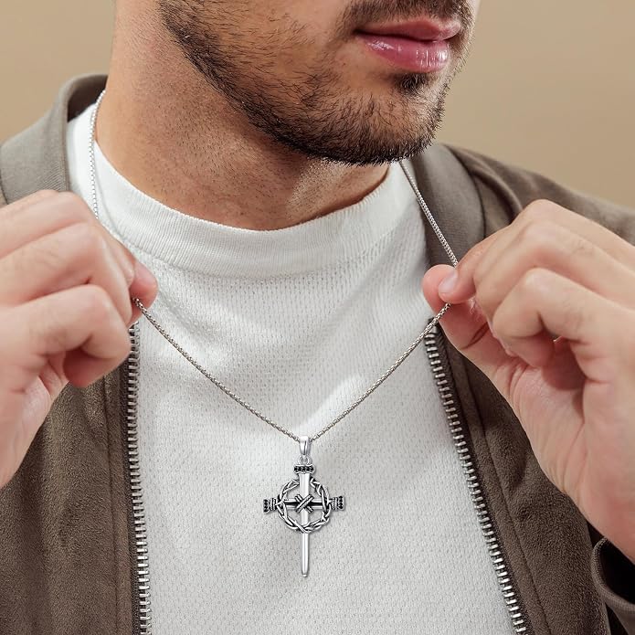Crown of Thorns Necklace for Men 925 Sterling Silver Nail Cross Necklace Pendant Religious Christian Jewelry Valentines Day Gifts for Men