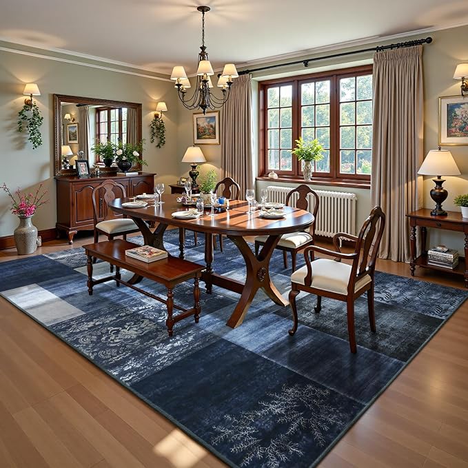 DweIke Washable Area Rugs 8x10 for Living Room, Large Modern Geometric Navy Blue Soft Patchwork Carpet, Non-Slip Stain Resistant Throw Rug for Bedroom Dining Room Office Home Decor