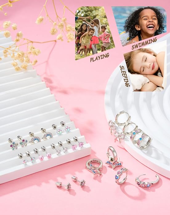 Hypoallergenic Screw Back Earrings for Women Girls Kids Surgical Steel Earrings for Sensitive Ears Cute Heart CZ Flower Butterfly Toddler Girl Earrings Screwback Studs Hoops