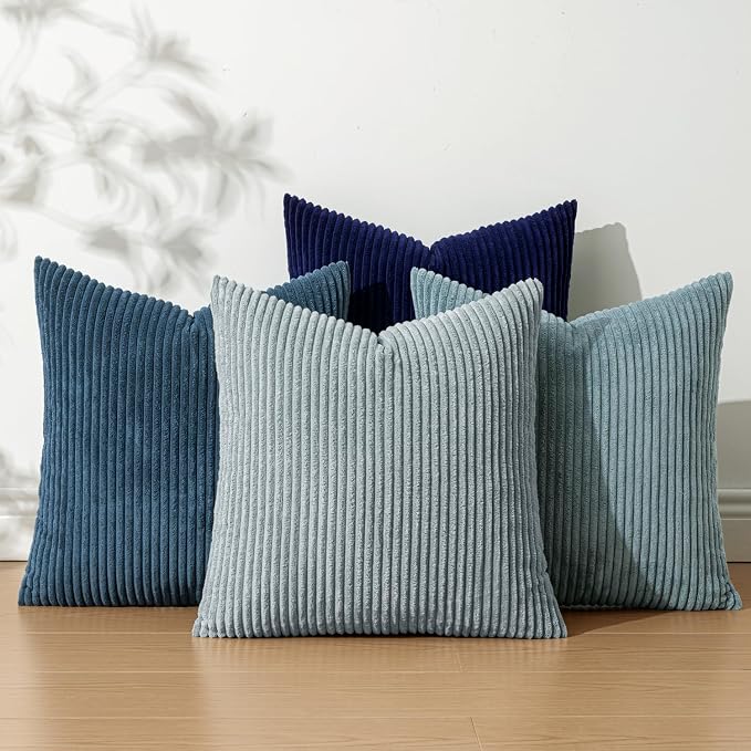EMEMA Coastal Blue Decorative Throw Pillow Covers 16x16 Inch Set of 4 Boho Farmhouse Corduroy Striped Square Pillow Case,Western Modern Cushion Covers for Couch Bed Livingroom Home Decor