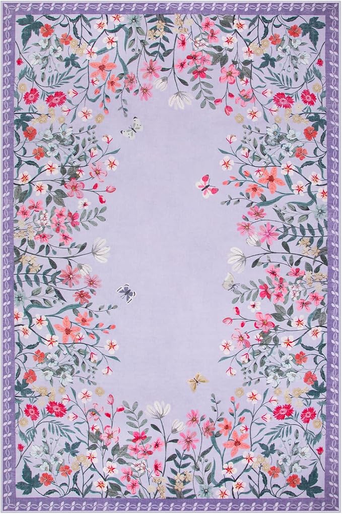 Wonnitar 4x6 Washable Area Rug, Purple Floral Rug for Girls Bedroom, Boho Soft Nursery Carpet, Non Slip Ultra Thin Entryway Mat, Lavender Kids Room Vanity Decor (4x6 Purple)