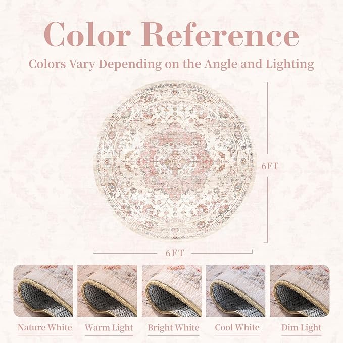 PADOOR 6FT Round Rug,Rugs for Living Room,Soft Pink Circle Rug,Machine Washable Rugs for Bedroom,Non Slip Carpet,Rug for Dining Room Living Room Bedside Office