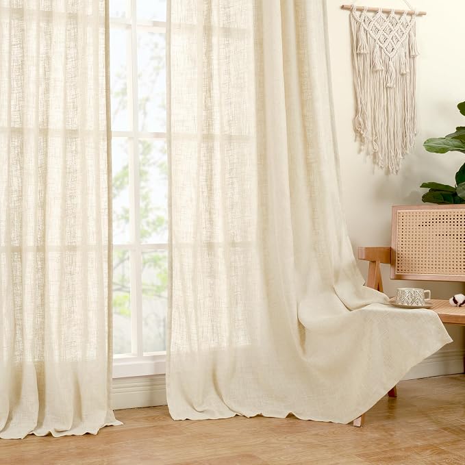 LAMIT Beige Linen Kitchen Curtains 30 Inch Length, Semi Sheer Light Filtering Window Panels Back Tab and Rod Pocket Drapes for Basement/Small Windows, 25 x 30 Inch, 2 Panels
