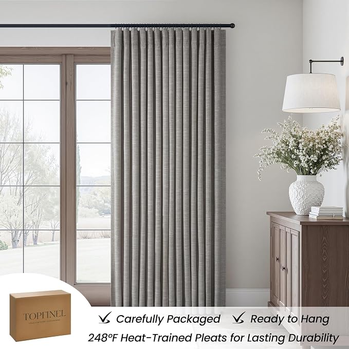 Topfinel 96 Inches Long Complete Blackout Ceiling Pinch Pleated Back Tab Curtains, Soundproofing Room Darkening Linen Drapes with Pin Hooks for Traverse Rods, Boho Blue Grey 52" W*96" L