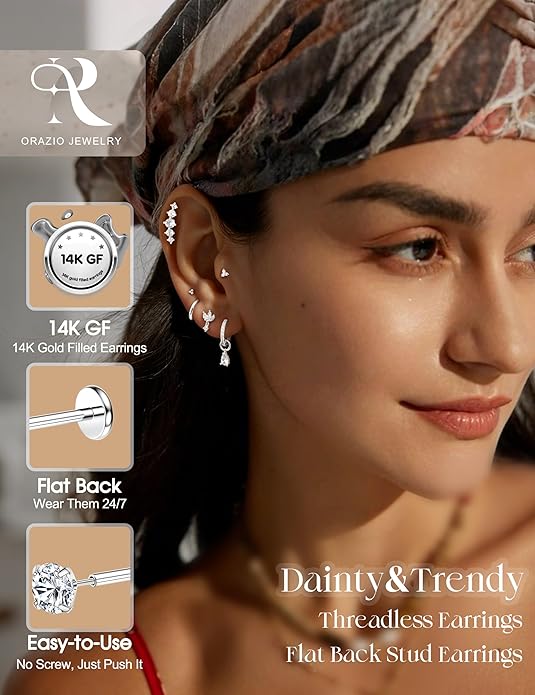 ORAZIO 16G/18G/20G Threadless Flat Back Earrings 316L Surgical Steel Cartilage Earring Stacks Flatback Push in Nose Rings Studs Hypoallergenic Tragus Helix Conch Labret Medusa Piercing Jewelry