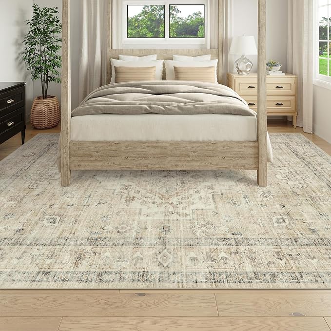 LIVEBOX Washable Area Rug 9x12 Rugs for Living Room Bedroom, Non-Slip Boho Neutral Carpet for Dining Room Office, Low-Pile Farmhouse Soft Carpets for Kids Nursery Room Playroom, Tan