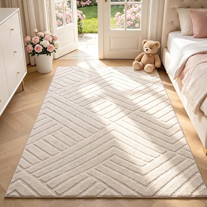Bsmathom 3x5 Washable Area Rug, Boho Neutral Modern Soft Carpet Mat, Beige | Machine Washable, Low Pile Fluffy Plush, Non-slip, Geometric Textured, For Living Dining Kids Room Bedroom Indoor Dorm