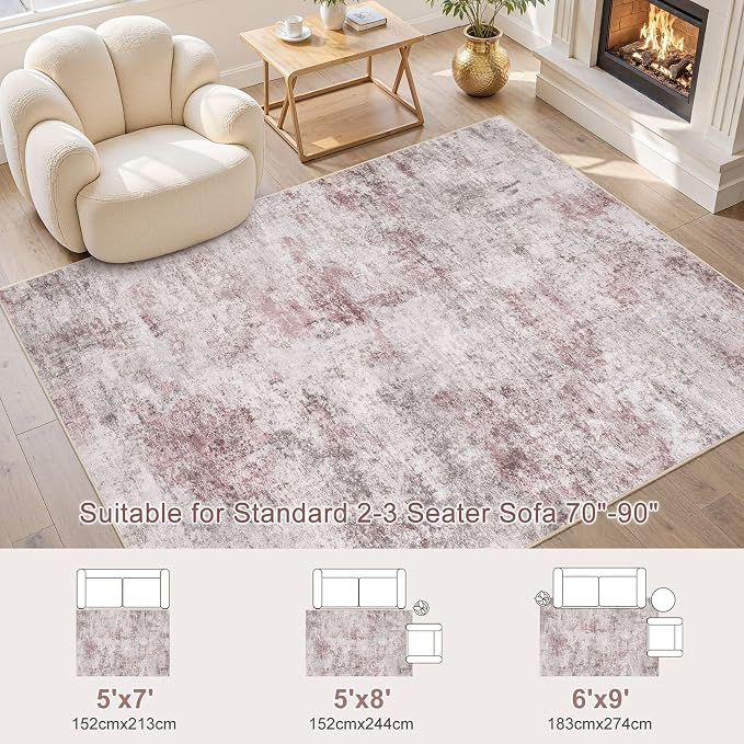 UERMEI 6x9 Washable Area Rug - Neutral Modern Abstract Living Room Rugs, Non-Slip Soft Large Indoor Floor Carpet for Bedroom Home Office & Under Dining Table Decor, Pink Grey
