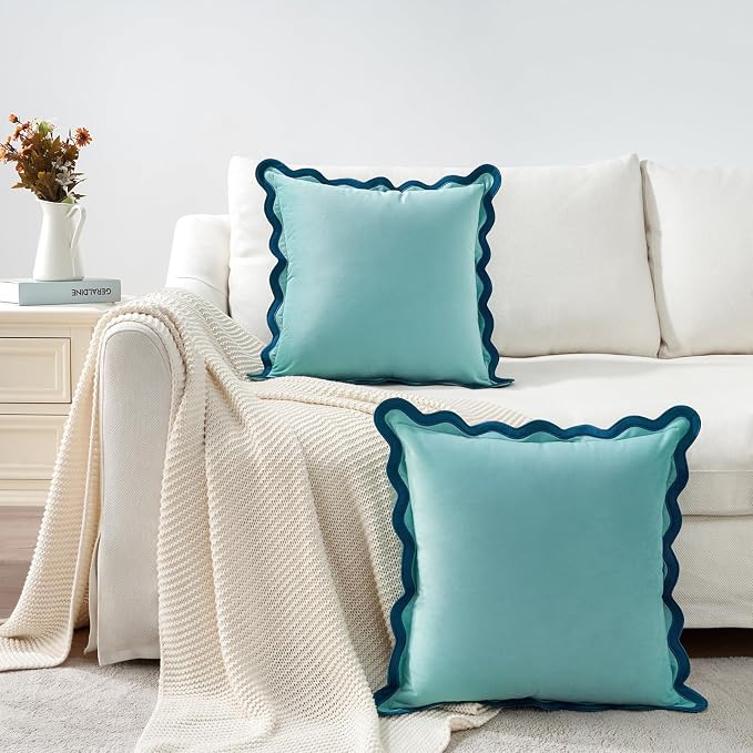 MONDAY MOOSE Decorative Throw Pillow Covers Cushion Cases, Set of 2 Soft Velvet Scalloped Wavy Edge Designs, Mix and Match for Home Decor, Pillow Inserts Not Included (18x18 inch, Blue/Light Blue)
