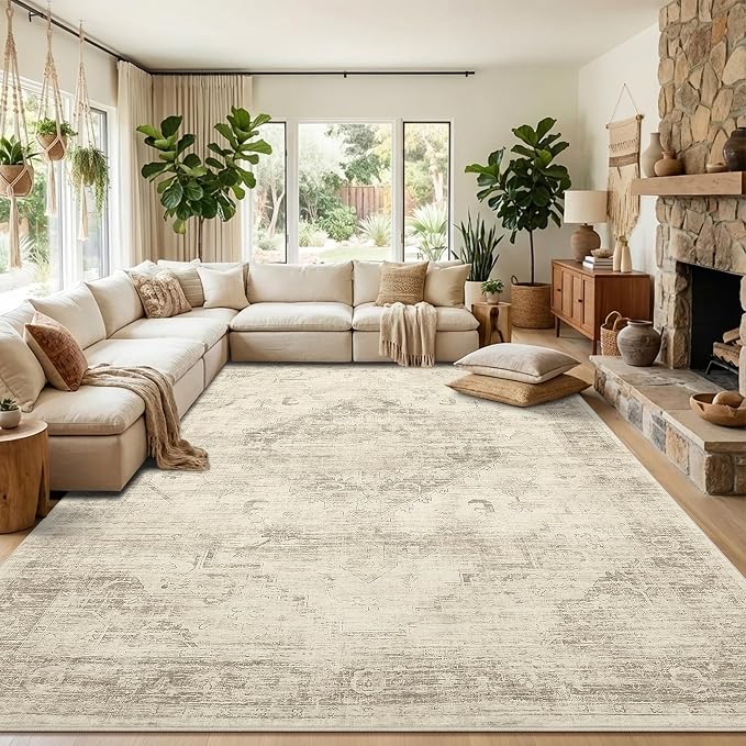 Garvee Beige 9x12 Area Rugs for Living Room, Boho Vintage Non-Slip Washable Rug Low Pile Stain Resistant Soft Foldable Large Carpet for Bedroom Dining Home Decor
