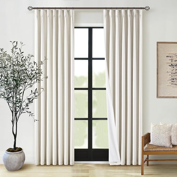 Natural Linen Pinch Pleated Curtains Blackout 100% Black Out Curtains 80 Inches Long 2 Panels Pinch Pleat Two Layer Drapes with Liner Back Tab Thermal Insulated Blackout Drapes for Bedroom Cream