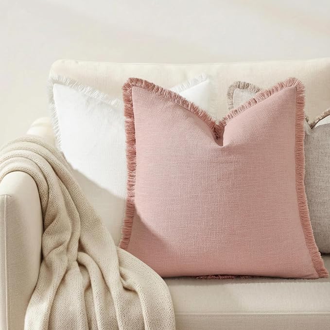 decorUhome Linen Fringe Pink Throw Pillow Covers 20x20 Set of 2 | Decorative Soft Accent Modern Boho Farmhouse Cushion Covers with Tassels Cotton Pillow Covers for Couch Bed Sofa