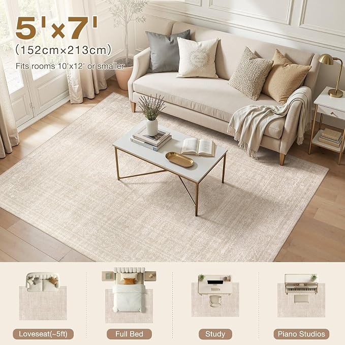 Nakagishi 5x7 Area Rugs Living Room: Washable Large Vintage Rug Neutral Non-Slip Soft Stain Resistant Indoor Carpet for Bedroom Nursery Dining Room Office Playroom - Beige