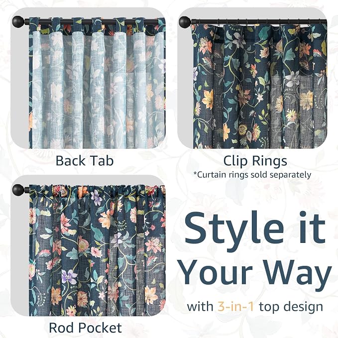 jinchan Dark Blue Floral Linen Curtains 63 Inch Vintage Back Tab 2 Panels | Farmhouse, cottage core, light filtering, semi sheer, drapes, flower, bedroom, living room, window treatment, rod pocket