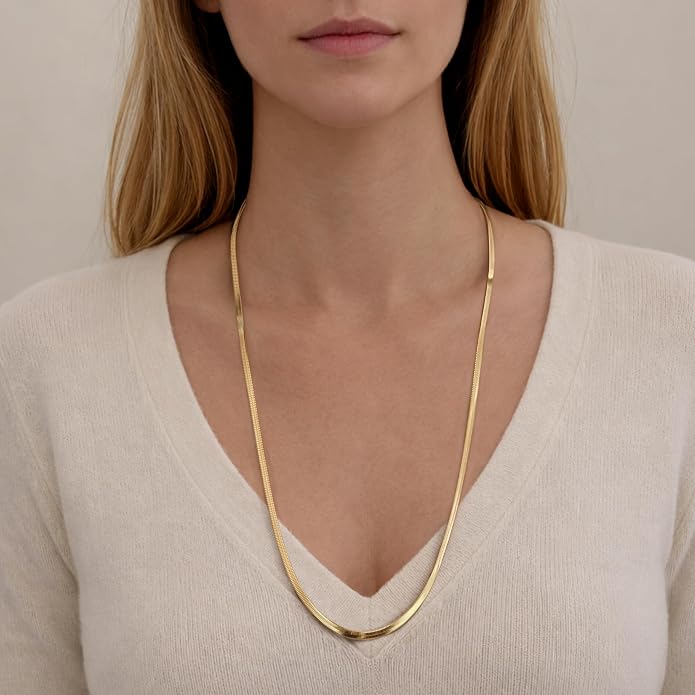 WomenGifts 14K Gold Silver Plated Herringbone Necklace for Women, Dainty Snake Chain Choker, Trendy Simple Long Layered Jewelry Non Tarnish, 3/4/5/8mm,14,16,18,20,22,24,26 Inch Thin & Chunky Options