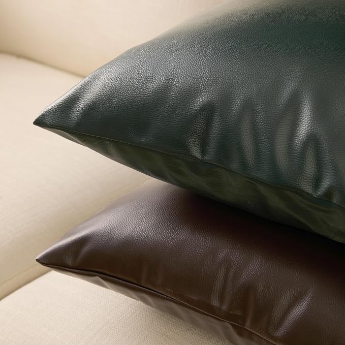 Encasa XO Faux Leather Throw Pillows Covers 24"x24" (Set of 2) | Green Decorative Cushion Covers | Modern Farmhouse Pillow Cases for Outdoor, Living Room, Bedroom, Couch, Sofa