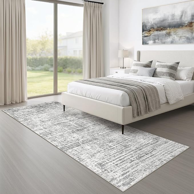 Runner Rug Non-Slip Kitchen Rug: 3x10 Washable Abstract Modern Soft Stain Resistant Indoor Floor Neutral Accent Throw Carpet for Hallway Bathroom Laundry Room Bedroom Entryway- Grey