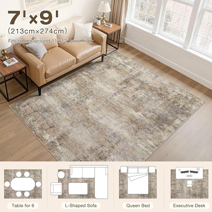 7x9 Area Rug, Non Slip Low Pile Washable Large Rug for Living Room | Modern Abstract Carpet, Stain Resistant Kid & Pet Friendly, Made for Dining Room, Nursery, Home Office Indoor - Dark Brown