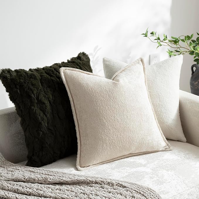 DEZENE Pack of 2 Beige Decorative Throw Pillow Covers 16x16 Cozy Soft Chenille Accent Vintage Square Couch Pillow Covers for Home Decor Bed Sofa Living Room