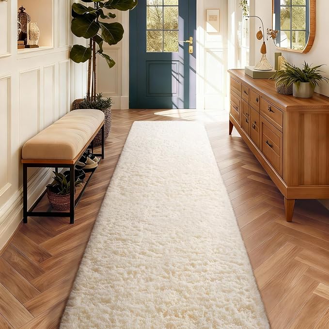 Ophanie 2x10 Runner Rug for Hallway, Upgrade Non-Slip Fluffy Soft Bedside Rugs, Bedroom Living Room Ivory Shaggy Carpet for Kids Dorm Home Decor with Over 99 pcs Pile fibers