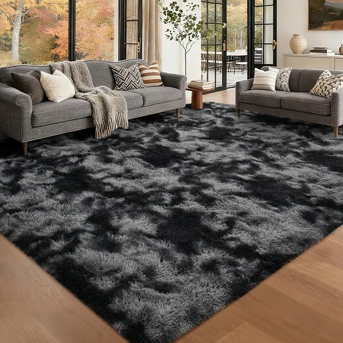 Large Shaggy 6x9 Area Rugs for Living Room Decor, Non-Slip Tie-Dyed Rugs for Bedroom Kids Playroom Dorm Room, High Pile Ultra Soft Carpet, Dark Grey