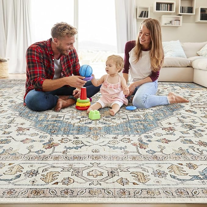 Area Rug for Living Room - 8x10 Soft Washable Oriental Vintage Floral Distressed Large Carpet - Fade Stain Resistant Non Slip Rugs for Bedroom Dining Room Nursery Dorm Office Home Decor - Blue/Beige