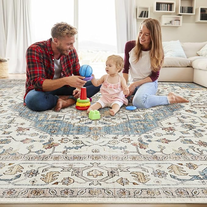 11x14 Area Rugs for Living Room - Large Carpet Ultra Thin Soft Washable Oriental Vintage Floral Distressed Big Indoor Carpets for Bedroom Nursery Dorm Home Decor Aesthetic - Blue/Beige