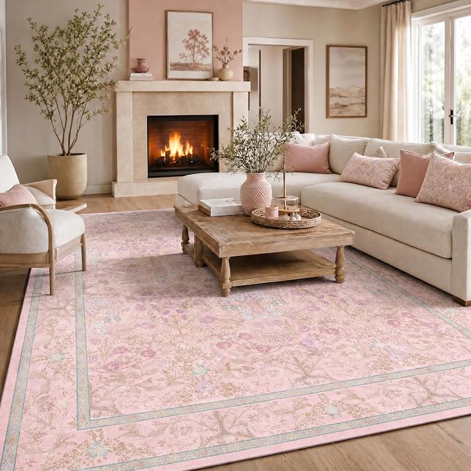 Light Pink Boho Area Rugs for Bedroom Aesthetic 8x10 - Washable Floral Farmhouse Large Rug for Living Room, Dining Room Under Table, Nursery - Soft Cottage Core Carpet with Low Pile & Non Slip