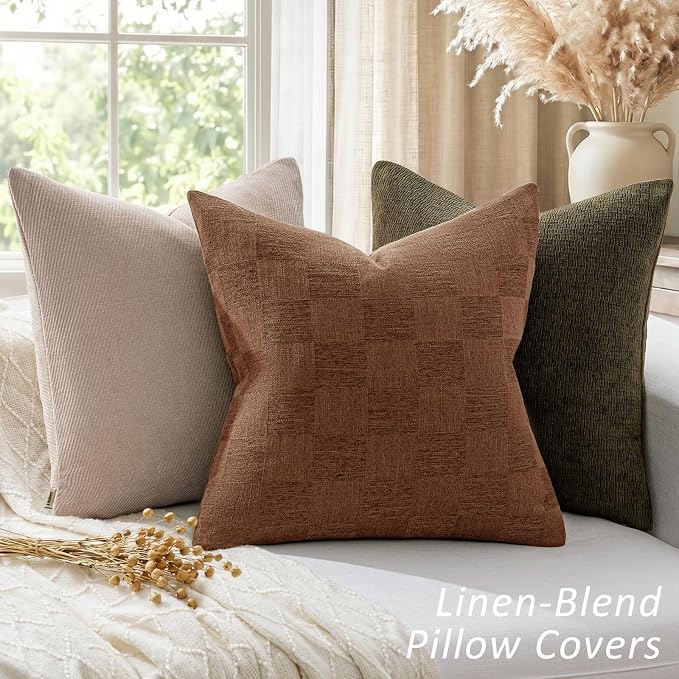 a moment Set of 2 Decorative Linen Throw Pillow Covers,Large Grid Textured Neutral Boho Farmhouse Cushion Covers,Soft Aesthetic Pillowcases for Couch Sofa Living Room Home Decor,20x20 Inch,Hazal