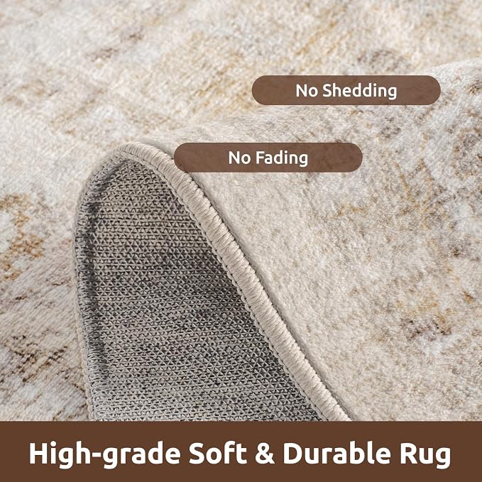AMOAMI-Area Rug 9X12 Rugs for Living Room-Vintage Soft Beige Rugs for Bedroom-Non Slip Carpet-Washable Rug for Dining Room Living Room Bedroom Office Under Table
