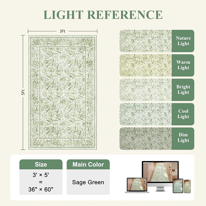 DUKINO 3x5 Rug Washable Vintage Floral Bedroom Area Rug Non Slip Sage Green | Low Pile, Non-Shedding, Stain Resistant Boho Lightweight Soft Indoor Carpet for Bathroom Office Dining Living Room Farmhouse