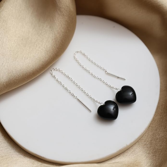 Gemstone Heart Shaped Threader Earrings in 925 Sterling Silver, Pull Through Adjustable, Versatile & Trendy, Perfect Valentine's Gift for Women, Choice of Gemstone Available