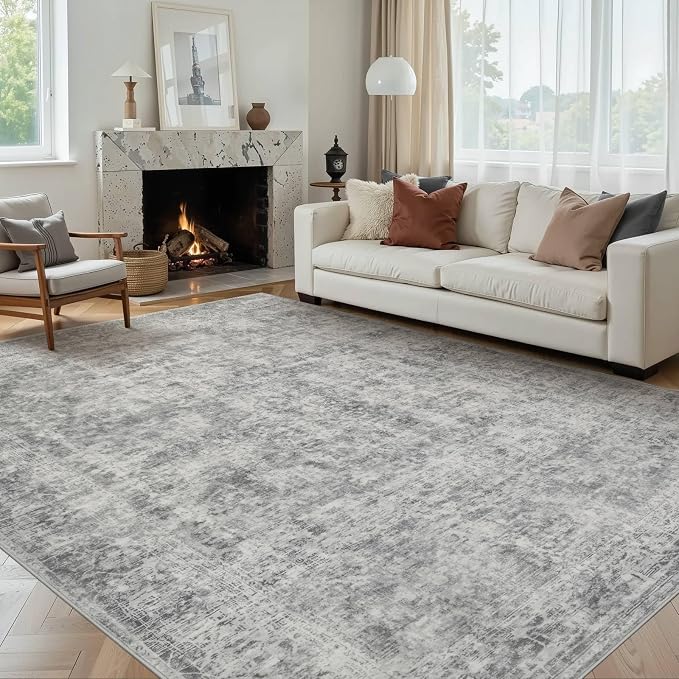 Rugxara Grey 6x9 Area Rugs Washable Rug for Living Room Dining Room Bedroom | Non Slip, Rug for Office Farmhouse Kids Room, Stain Resistant, Soft, Low Pile, Vintage Boho Floral Retro Carpet, Home Decor