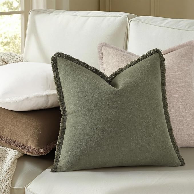 decorUhome Linen Fringe Olive Green Throw Pillow Covers 20x20 Set of 2 | Decorative Soft Accent Modern Boho Farmhouse Cushion Covers with Tassels Cotton Pillow Covers for Couch Bed Sofa
