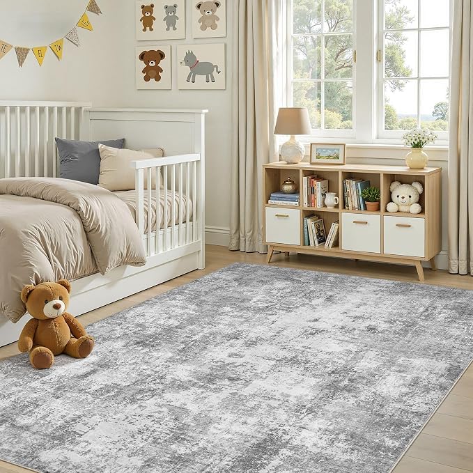 6x9 Area Rug, Non Slip Low Pile Washable Large Rug for Living Room | Soft Modern Abstract Carpet, Stain Resistant Kid & Pet Friendly, Made for Dining Room, Nursery, Home Office Indoor - Gray