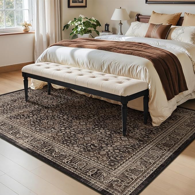 Dark Brown Black Rugs for Living Room 6x9, Vintage Farmhouse Dining Room Rugs for Under Table, Washable Low Plie Carpet Rug for Bedroom, Non Slip Moroccan Floral Trellis Rug for Home Office