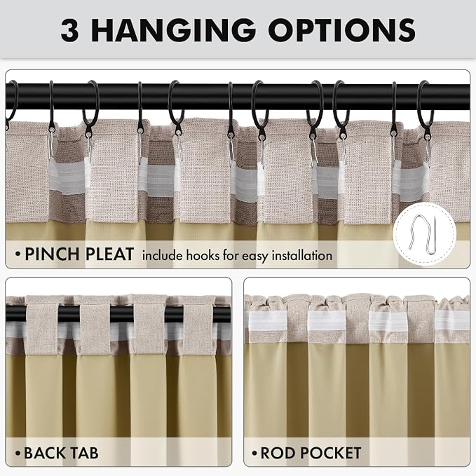 MIULEE 100% Blackout Linen Curtains for Bedroom 42 x 84 Inch Khaki 2 Panels | Thermal Insulated, Room Darkening Drapes for Living Room, Back Tab Rod Pocket Pinch Pleated, Solid Luxury Decor