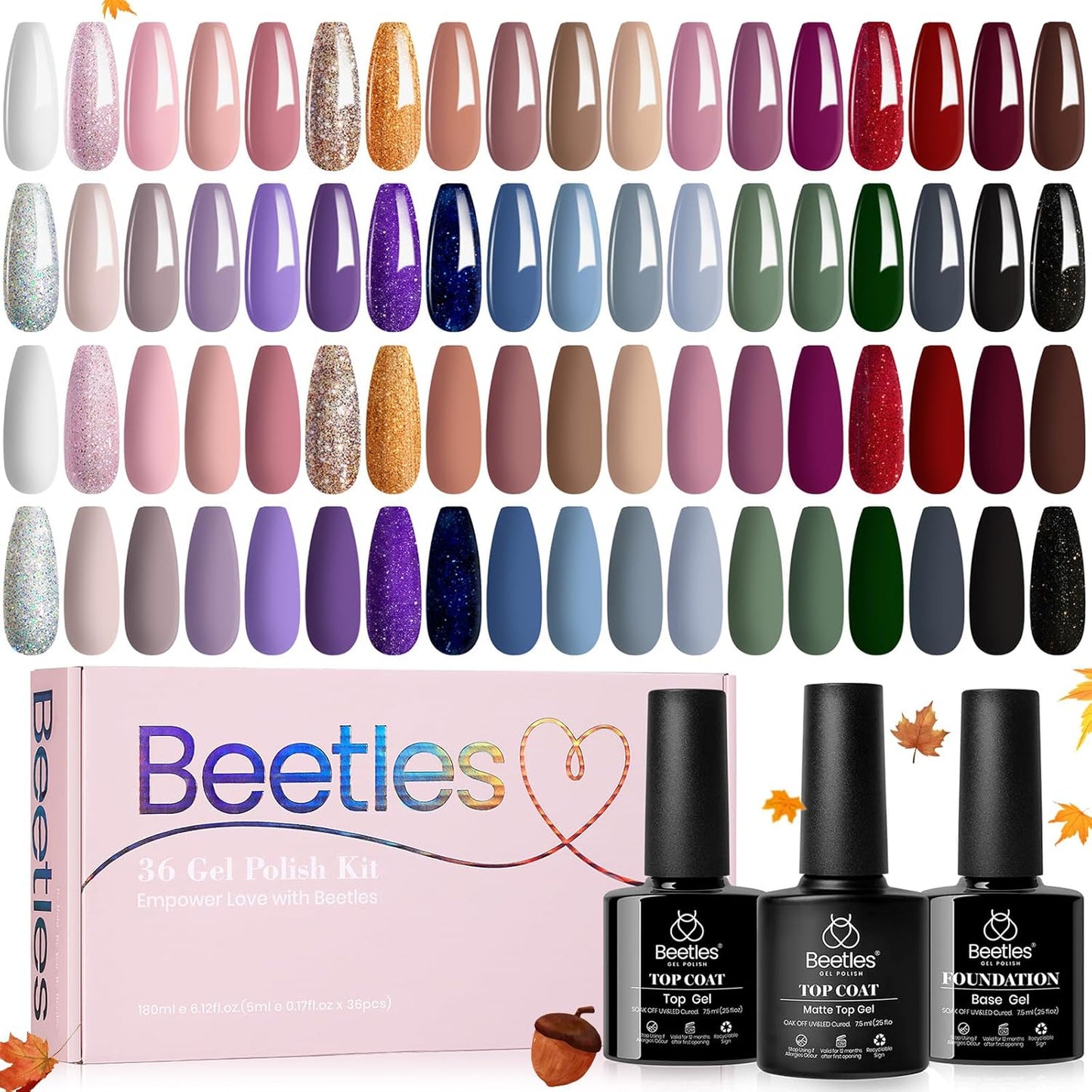 Beetles Gel Nail Polish Set 36 Colors Fall Winter Nail Gel Polish Kit Burgundy Red Blue Green Brown Gold Glitter Pink with Base Coat Glossy Matte Top Coat Manicure Gifts for Women Neutral Elegance