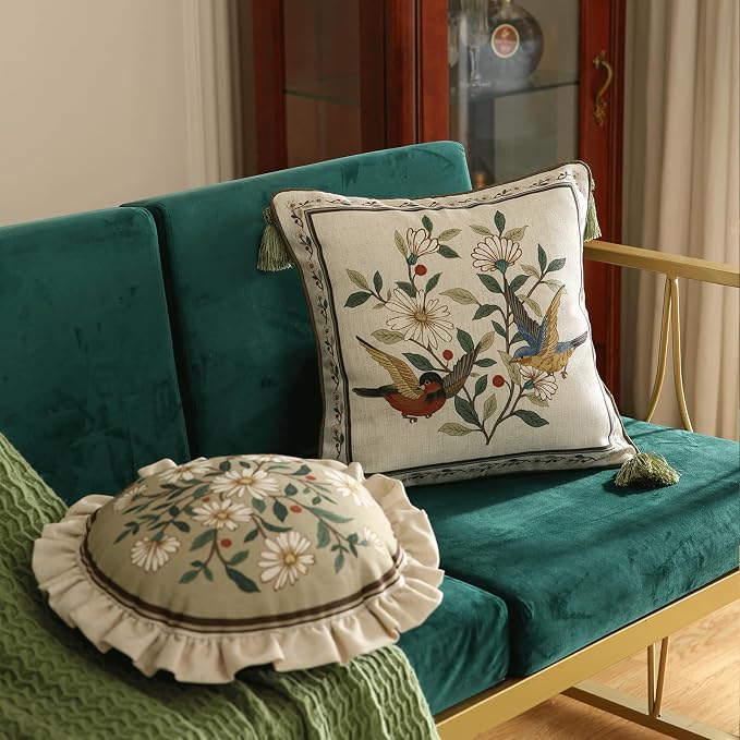 ISAENNE Vintage Linen Throw Pillow Cover,Set of 2,Diameter 16"-Brune C | Designer Elegant Round Pillow Cover,Concealed Zipper Design,Floral Pattern,Sofa,Bedroom,Living Room,Lounge Chairs